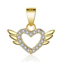Cubic Zirconia Micro Pave Sterling Silver Pendant, Brass, Winged Heart, gold color plated, micro pave cubic zirconia & hollow 