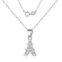 Cubic Zirconia Micro Pave Sterling Silver Necklace, Brass, Eiffel Tower, silver color plated, oval chain & micro pave cubic zirconia & for woman Approx 15.75 Inch 