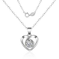 Cubic Zirconia Sterling Silver Necklace, Brass, Heart, silver color plated, oval chain & for woman & with cubic zirconia Approx 15.75 Inch [