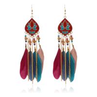 Zinc Alloy Tassel Earring, with Feather & Wood, gold color plated, folk style & for woman & enamel 