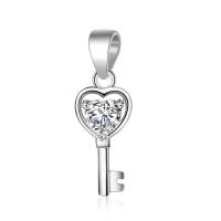 Sterling Silver Key Pendants, Brass, silver color plated, with cubic zirconia 