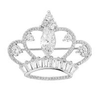 Brass Brooch, Crown, platinum plated, Unisex & with cubic zirconia 