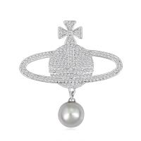 Messing Brosche, mit ABS-Kunststoff-Perlen, silberfarben plattiert, Micro pave Zirkonia & für Frau, 39x41mm, verkauft von PC