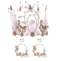 Wedding Jewelry Set, Zinc Alloy, crown & earring, with ABS Plastic Pearl, gold color plated, for bridal & with rhinestone 75mm 