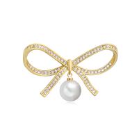 Brass Brooch, with ABS Plastic Pearl, Bowknot, gold color plated, micro pave cubic zirconia & for woman 