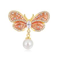 Brass Brooch, with ABS Plastic Pearl, Butterfly, gold color plated, micro pave cubic zirconia & for woman & enamel, reddish orange 