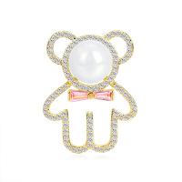 Brass Brooch, with ABS Plastic Pearl, Bear, gold color plated, micro pave cubic zirconia & for woman 