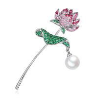 Brass Brooch, with ABS Plastic Pearl, Flower, silver color plated, micro pave cubic zirconia & for woman, multi-colored 