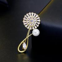 Brass Brooch, with Cubic Zirconia & Plastic Pearl, plated, fashion jewelry & for woman, golden, 46*24mm 