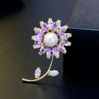 Brass Brooch, with Cubic Zirconia & Plastic Pearl, Flower, plated, fashion jewelry & for woman, golden, 47*28mm 
