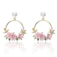Plastic Pearl Zinc Alloy Earring, with ABS Plastic Pearl, Flower, gold color plated, for woman & with rhinestone 