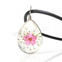 Glass Necklace, with Dried Flower & PU Leather & Zinc Alloy, Teardrop, for woman .3 Inch 