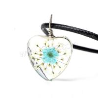 Glass Necklace, with Dried Flower & PU Leather & Zinc Alloy, Heart, fashion jewelry & for woman 20mm Approx 19.3 Inch 