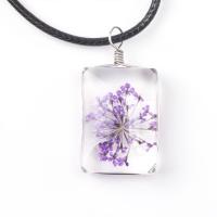 Glass Necklace, with Dried Flower & PU Leather & Zinc Alloy, Rectangle, for woman Approx 19.3 Inch 