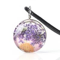Glass Necklace, with Dried Flower & PU Leather & Zinc Alloy, for woman 25mm Approx 19.3 Inch 