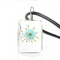 Glass Necklace, with Dried Flower & PU Leather & Zinc Alloy, Rectangle, for woman Approx 19.3 Inch 