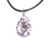 Glass Necklace, with Dried Flower & PU Leather & Zinc Alloy, Teardrop, for woman Approx 19.3 Inch 