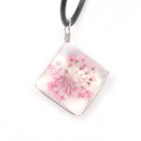 Glass Necklace, with Dried Flower & PU Leather & Zinc Alloy, Square, for woman 20mm Approx 19.3 Inch 