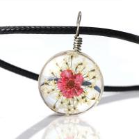 Glass Necklace, with Dried Flower & PU Leather & Zinc Alloy, for woman 20mm Approx 19.3 Inch 