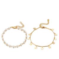 alliage de zinc bracelet de cheville, avec perle de plastique, Placage, 2 pièces & bijoux de mode & pour femme, doré, Vendu par fixé