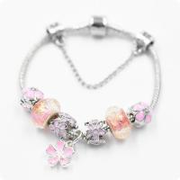 Zinc Alloy European Bracelets, with Lampwork & enamel, silver color plated, for woman & with rhinestone, pink, 200mm 