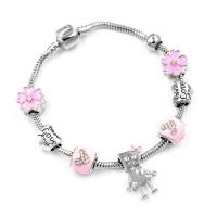 Zinc Alloy European Bracelets, with Rhinestone & enamel, silver color plated, fashion jewelry & for woman, pink, 200mm 