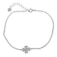 Cubic Zirconia Micro Pave Sterling Silver Bracelet, 925 Sterling Silver, with 1Inch extender chain, Four Leaf Clover, silver color plated, Adjustable & curb chain & micro pave cubic zirconia & for woman 1.5mm Approx 6.5 Inch 