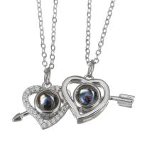 925 Sterling Silver Miniature Projection Necklace, with 1Inch extender chain, Heart, silver color plated, curb chain & micro pave cubic zirconia & for couple  1.5mm Approx 17 Inch 