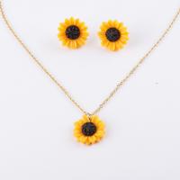 Resin Jewelry Sets, Stud Earring & necklace, with Stainless Steel, Flower & oval chain & for woman Approx 17.72 Inch 