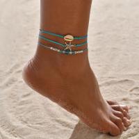 alliage de zinc bracelet de cheville, avec corde en nylon & coquille, Placage, trois pièces & bijoux de mode & pour femme, bleu, Vendu par fixé