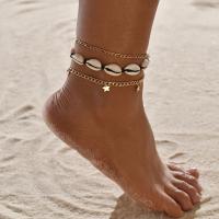 alliage de zinc bracelet de cheville, avec corde de coton & coquille, Placage, trois pièces & pour femme, doré, Vendu par fixé
