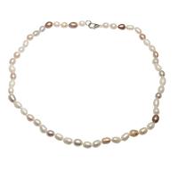 Пресноводные перлы ожерелье цепи свитера, Пресноводные жемчуги, латунь Замок-карабин, Рисообразная, плакирован серебром, Женский, разноцветный, 6-7mm, длина:Приблизительно 37 дюймовый, продается Strand