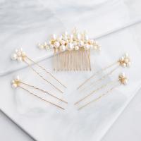 Bridal Decorative Hair Comb, ABS Plastic Pearl, hair comb & hair stick, with brass wire, handmade, fashion jewelry & for woman, golden 7.5cmx1.5cm 