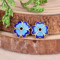 Brass Bead Cap, with Cloisonne, Flower, gold color plated, blue, 10mm Approx 1.6mm 