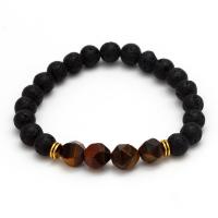 Bracelet de perles de lave, lave volcanique, avec oeil de tigre, bijoux de mode & pour femme, noir et brun Environ 7.5 pouce, Vendu par brin