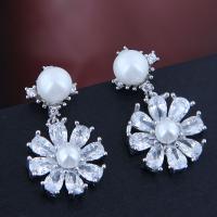 Cubic Zircon Brass Earring, with Cubic Zirconia & Plastic Pearl, Flower, plated, for woman, silver color, 24*14mm 