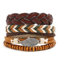 Faux Leather Bracelet Set, with Waxed Cotton Cord & Linen & Zinc Alloy, silver color plated, Adjustable & three pieces & Unisex, mixed colors, 180mm 