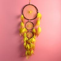 Fashion Dream Catcher, Iron, with Cotton Thread & Feather & Plastic Pearl, handmade, for home and office, yellow, 19cmuff0c85-90cm 