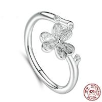 925 Sterling Silver Cuff Finger Ring, Flower, platinum plated, brushed & micro pave cubic zirconia & for woman, 2mm 