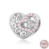 Cubic Zirconia Micro Pave Sterling Silver Bead, 925 Sterling Silver, Heart, platinum plated, micro pave cubic zirconia 