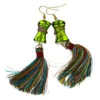 Stainless Steel Tassel Earring, with Cotton Thread & Lampwork, gold color plated, for woman, 88mm 