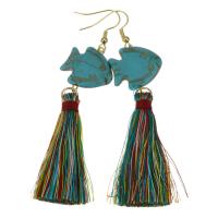Stainless Steel Tassel Earring, with Cotton Thread, gold color plated, for woman, 87mm 
