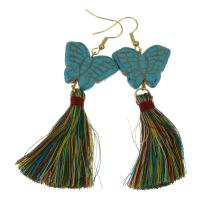 Stainless Steel Tassel Earring, with Cotton Thread, gold color plated, for woman, 82mm 