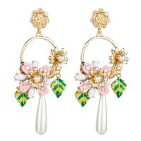 Plastic Pearl Zinc Alloy Earring, with Plastic Pearl, sterling silver post pin, Flower, gold color plated, without earnut & for woman & enamel, pink 