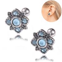 Stainless Steel Ear Piercing Jewelry, with Synthetic Turquoise, Flower, fashion jewelry & Unisex & with rhinestone 