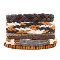 Linen Bracelet Set, with Faux Leather & Waxed Cotton Cord & Wood & Zinc Alloy, Adjustable & three pieces & Unisex, mixed colors, 180mm 