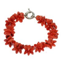 Pulseras de Coral naturales, latón cierre de anillo de primavera, chapado en color de platina, para mujer, naranja rojizo, 8*4mm, longitud:aproximado 7.5 Inch, Vendido por Sarta