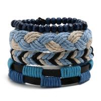 Linen Bracelet Set, with Faux Leather & Waxed Cotton Cord & Wood, 4 pieces & Adjustable & Unisex, blue, 180mm 