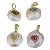 Cultured Freshwater Pearl Brass Pendant, with Freshwater Pearl, Heart, gold color plated, fashion jewelry & micro pave cubic zirconia, 13- 9-10mm Approx 