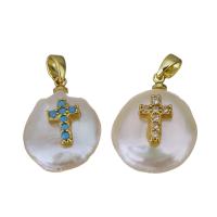 Cultured Freshwater Pearl Brass Pendant, with Freshwater Pearl, Cross, gold color plated, fashion jewelry & micro pave cubic zirconia, 14-15x20-21.5x8-11mm Approx 